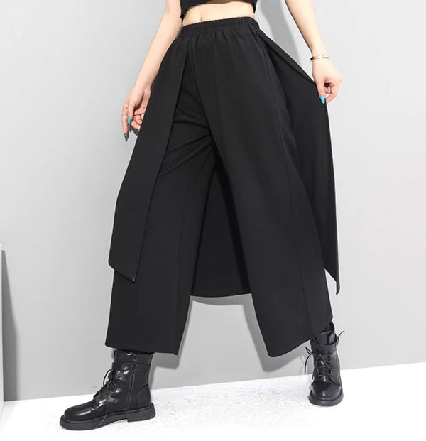 中性的 アシンメトリー袴パンツ フェイクレイヤード ブラック 9分丈 /ユニセックス ・メンズ モレビー|モード系ファッションブランド